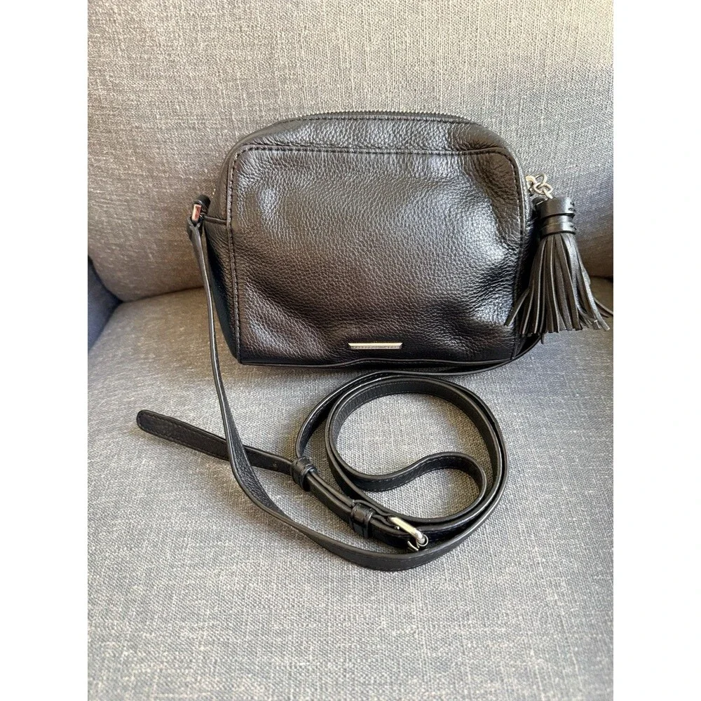Rebecca Minkoff Black Leather Crossbody Bag Pebbled Small Tassel Zipper Closure